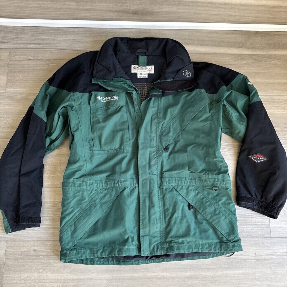 Columbia‎ Titanium Omnitech Ski Jacket Mens Lg Green Full Zip Waterproof Vintage